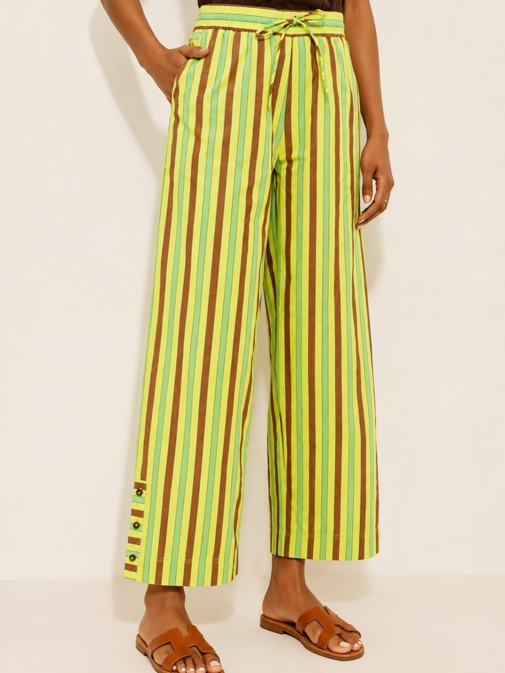 Damson Madder Striped Wide-Leg Tie-Waist Pants - Lime Green Size 14